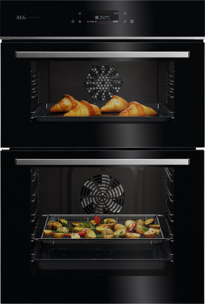 AEG GE7CP61FB 59.4cm Built In Electric Double Oven - Gloss Black with Steel Trim