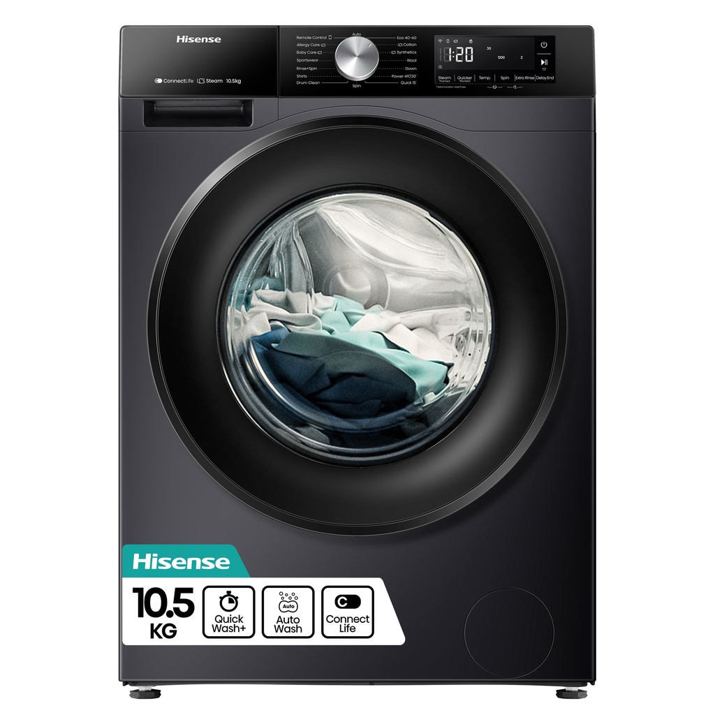 Hisense WF3S1043BB3 10.5kg 1400 Spin Steam Washing Machine - Black